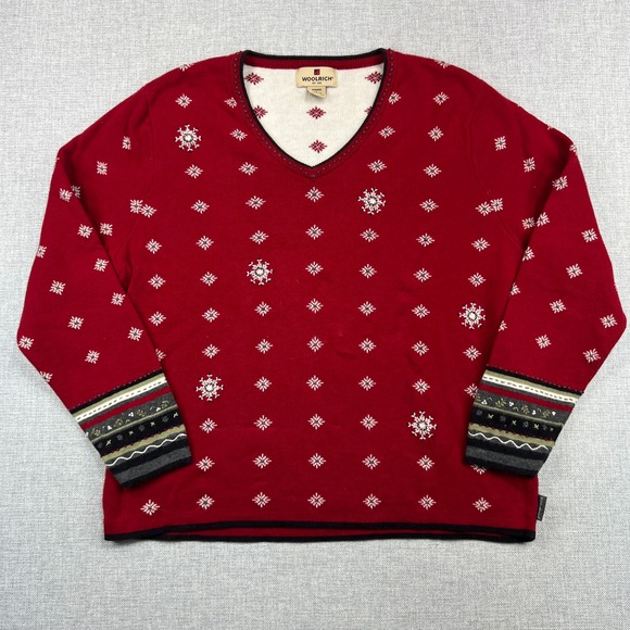 Woolrich Ruby Red Snowflake V Neck Holiday Knit Sweater Women Petite L Red Cozy
